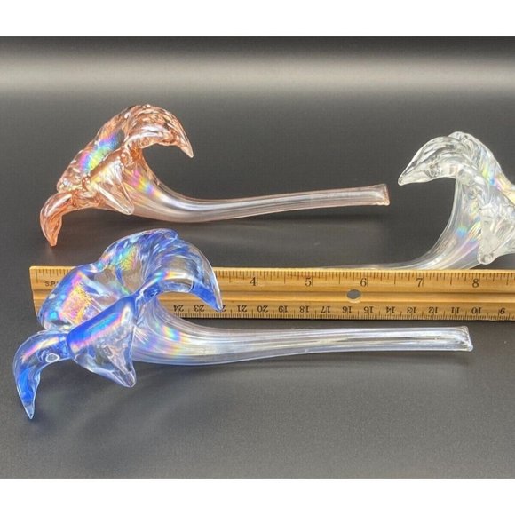 Tiger Lily Flower Vase Art Glass Laying Down 8” Hand Blown Iridescent Set Of 3 - Picture 7 of 8